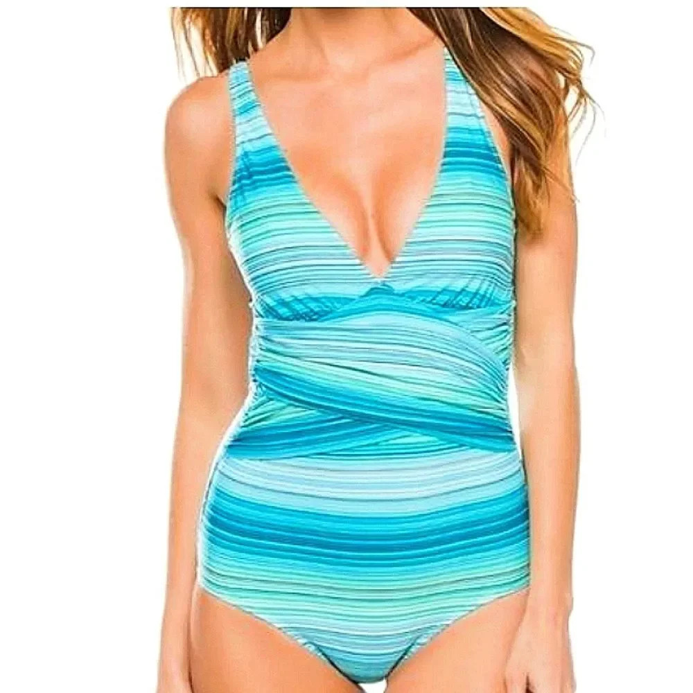 Helen Jon underwire XS One-Piece women's plunging neckline blue jade swimsuit